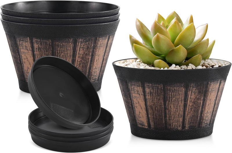 Quarut 6 inch Brown Barrel Planters with Drainage Holes & Saucer, Set of 4, Indoor & Outdoor Garden Home Plants - Image 1